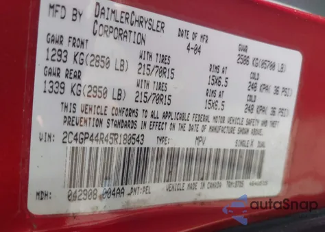 2005 Chrysler Town & Country Lx z USA, uszkodzony, nr VIN 2C4GP44R45R180543